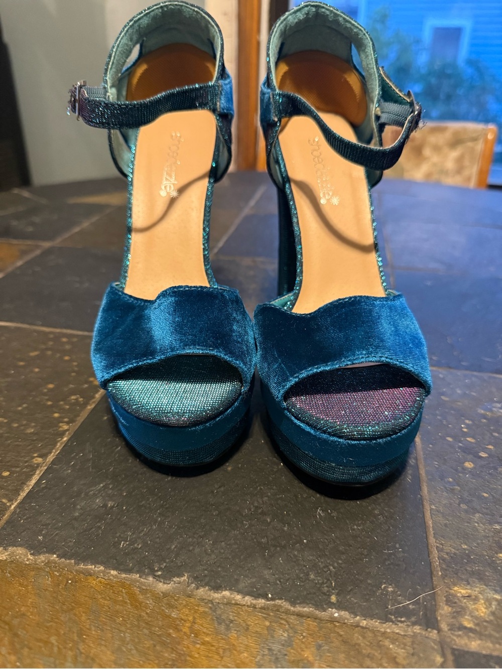 Shoe Dazzle Teal Velvet Platform Ankle-Strap Heels